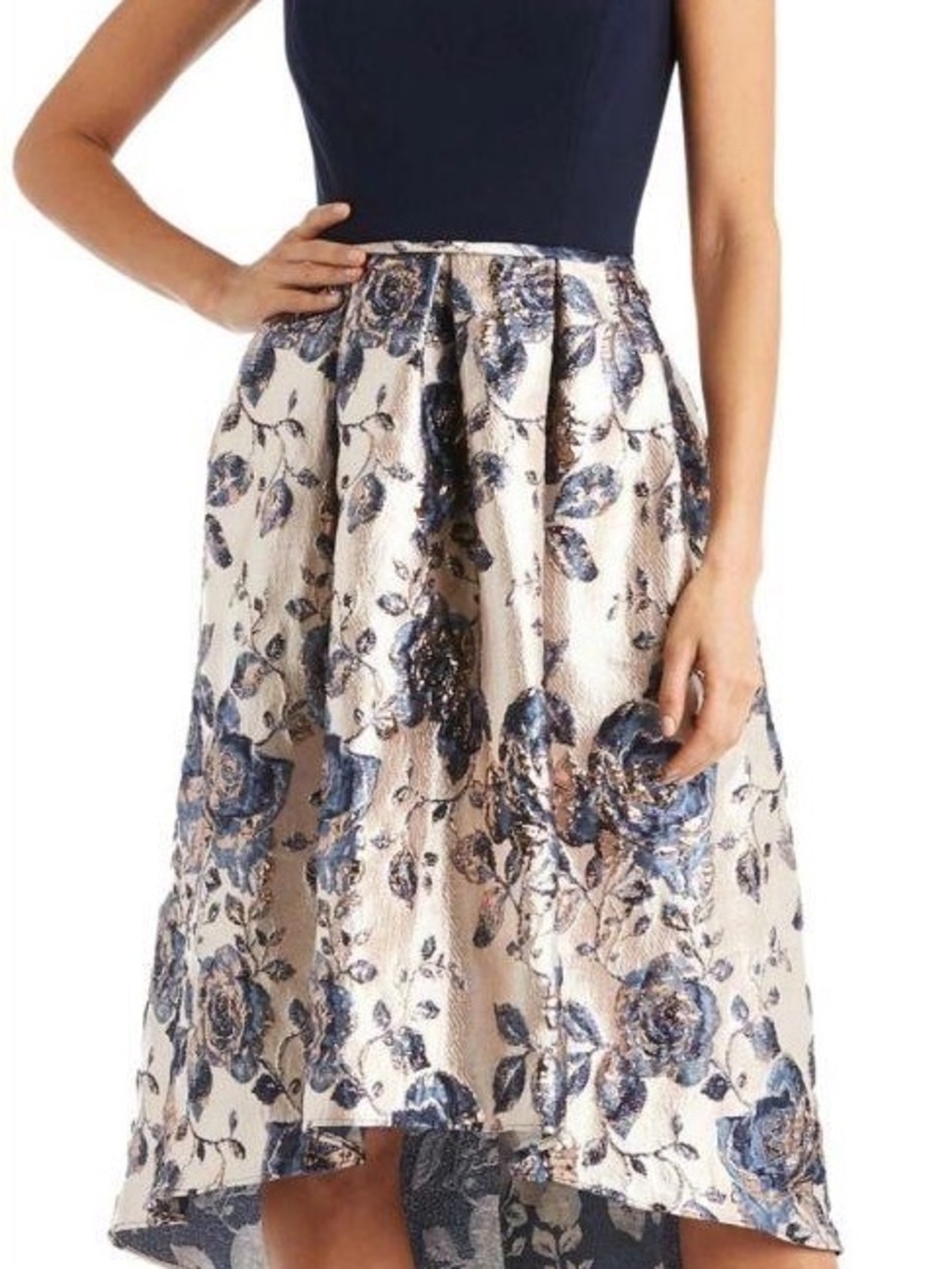 Floral Jacquard High-Low Skirt in Cream and Blue